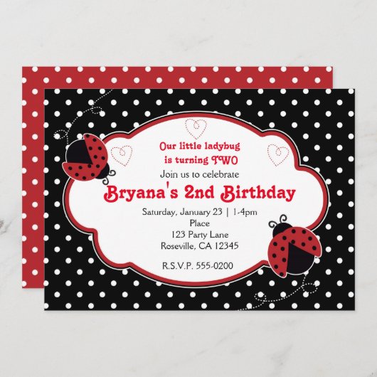 Ladybug rood en zwart verjaardagsfeestje uitnodigi kaart (Voorkant / Achterkant)