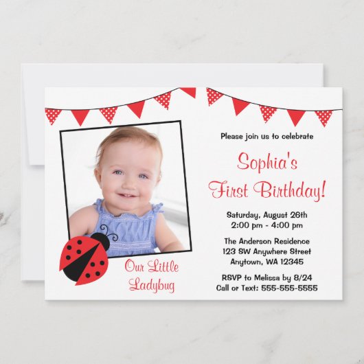 Ladybug Rood Zwart Foto Verjaardag uitnodigingen (Voorkant)