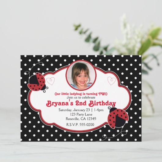 Ladybug Rood & Zwart Fotofeest Uitnodigingen (Staand voorkant)