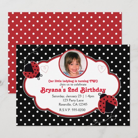 Ladybug Rood & Zwart Fotofeest Uitnodigingen (Voorkant / Achterkant)