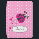 Ladybug roze polka flower art naam ipad cover iPad air cover<br><div class="desc">Stomme meisjes die ladybug / ladybird ipad cover vliegen met roze harten,  personaliseren met jouw naam. Momenteel leest Amber. Eenvoudig ontworpen door Sarah Trett.</div>