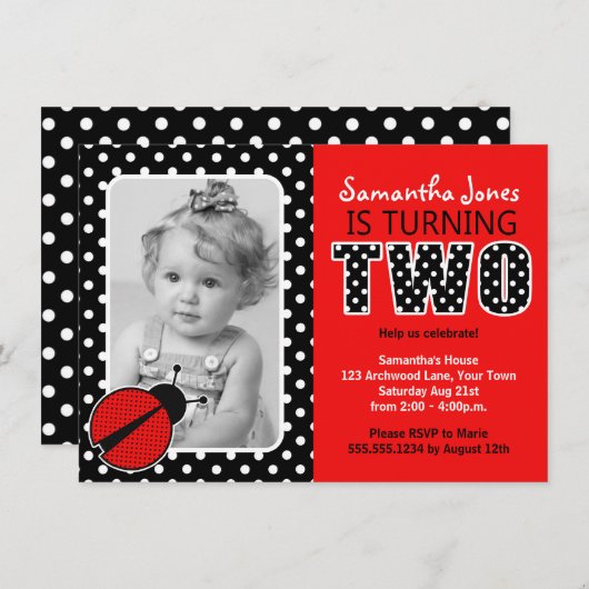 Ladybug Second Birthday Party Kaart (Voorkant / Achterkant)