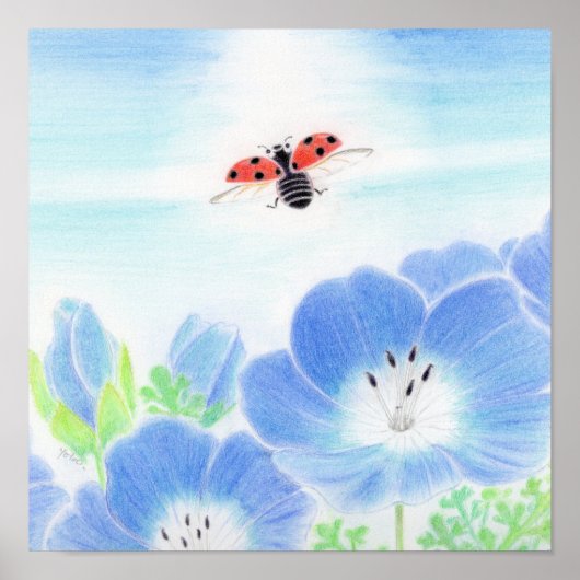 Ladybug Spring Blue Flower Nemophila Nursery Art Poster (Voorkant)