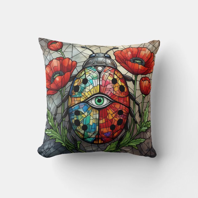 Ladybug stained glass vibrant poppy flower insect  kussen (Voorkant)