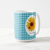 Ladybug Sunflower Turquoise Gingham met naam Koffiemok (Voorkant rechts)