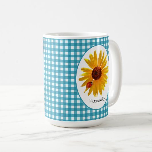 Ladybug Sunflower Turquoise Gingham met naam Koffiemok (Voorkant rechts)