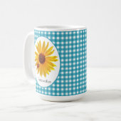 Ladybug Sunflower Turquoise Gingham met naam Koffiemok (Voorkant links)