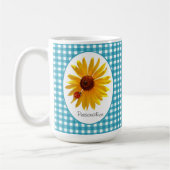 Ladybug Sunflower Turquoise Gingham met naam Koffiemok (Links)