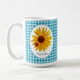 Ladybug Sunflower Turquoise Gingham met naam Koffiemok