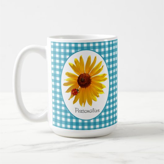 Ladybug Sunflower Turquoise Gingham met naam Koffiemok (Links)