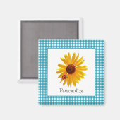Ladybug Sunflower Turquoise Gingham met naam Magneet (Voorkant / Achterkant)