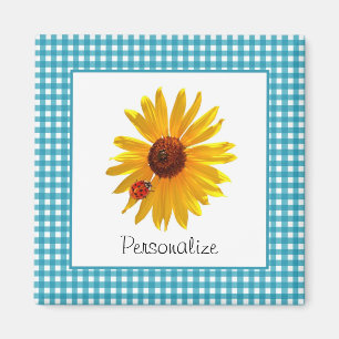 Ladybug Sunflower Turquoise Gingham met naam Magneet