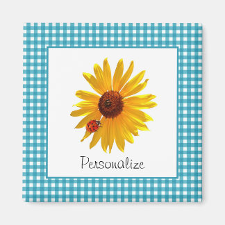 Ladybug Sunflower Turquoise Gingham met naam Magneet