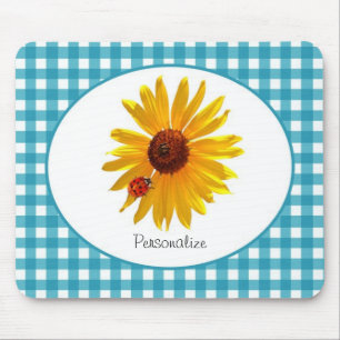 Ladybug Sunflower Turquoise Gingham met naam Muismat