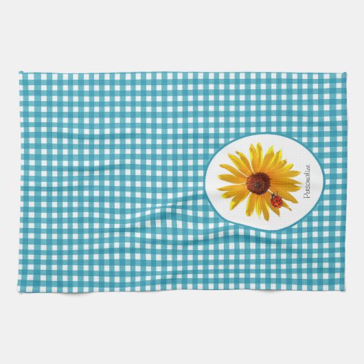 Ladybug Sunflower Turquoise Gingham met naam Theedoek (Horizontaal)