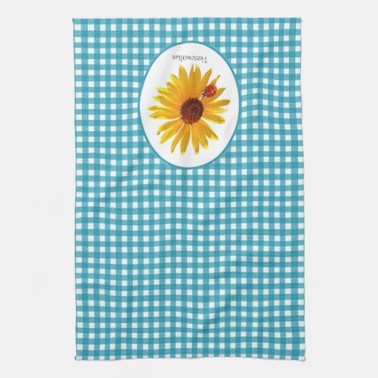Ladybug Sunflower Turquoise Gingham met naam Theedoek (Verticaal)