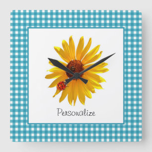 Ladybug Sunflower Turquoise Gingham met naam Vierkante Klok