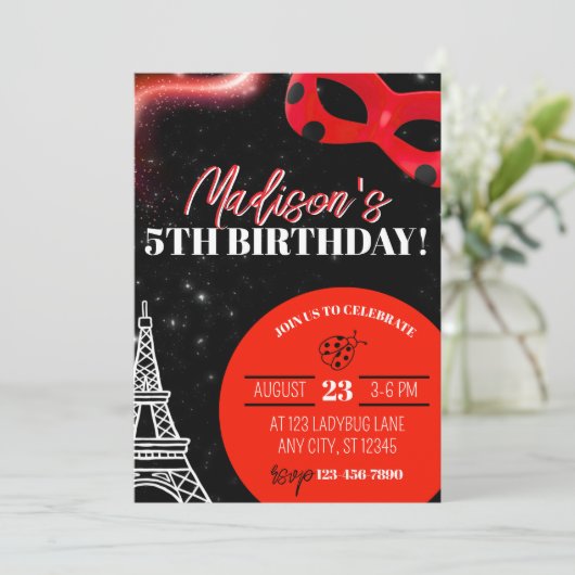 Ladybug Superhero Birthday Invitation Kaart (Staand voorkant)