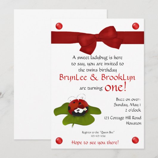 Ladybug Twins #3 partijuitnodiging Kaart (Voorkant / Achterkant)