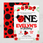 Ladybug Uitnodiging voor 1e verjaardag (Voorkant / Achterkant)