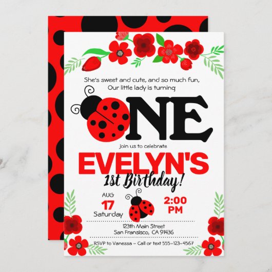 Ladybug Uitnodiging voor 1e verjaardag (Voorkant / Achterkant)