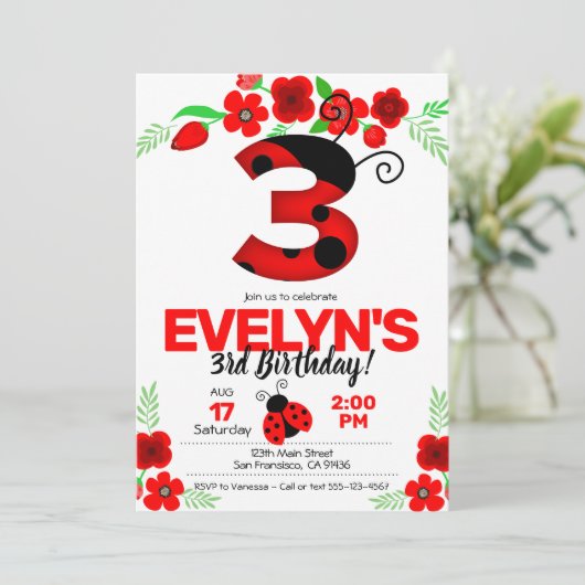 Ladybug Uitnodiging voor 3e verjaardag (Staand voorkant)