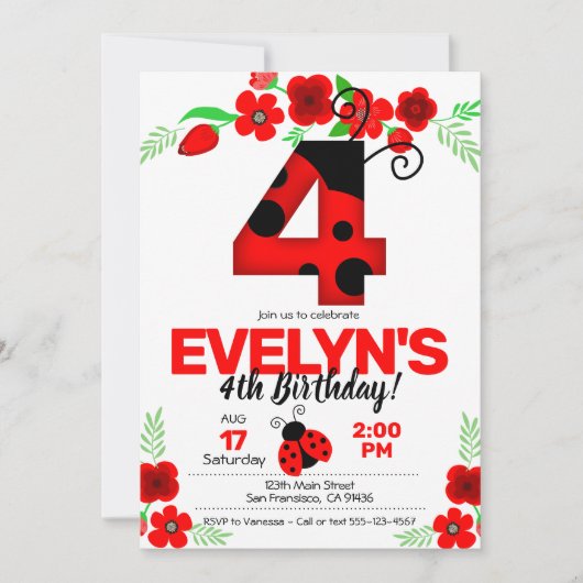 Ladybug Uitnodiging voor 4e verjaardag (Voorkant)