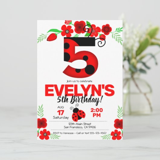 Ladybug Uitnodiging voor 5e verjaardag (Staand voorkant)
