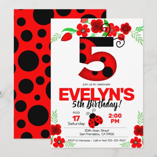 Ladybug Uitnodiging voor 5e verjaardag (Voorkant / Achterkant)