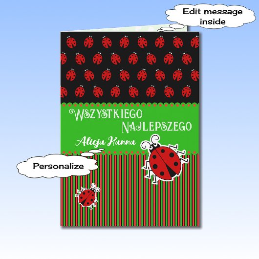 Ladybug verjaardag Poolse aangepaste tekstkaart Kaart
