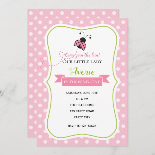 Ladybug Verjaardag Uitnodigingen (Roze Groen) (Voorkant / Achterkant)