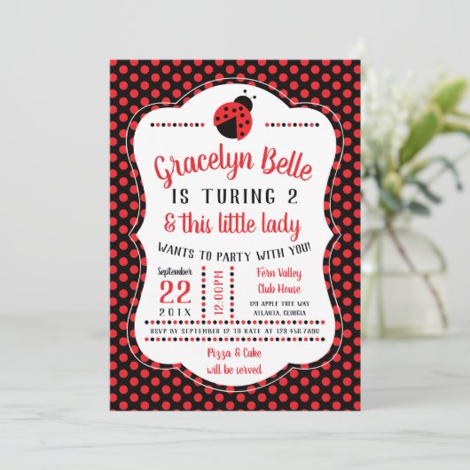 Ladybug verjaardagsfeestje uitnodiging, kleine dam kaart (Staand voorkant)