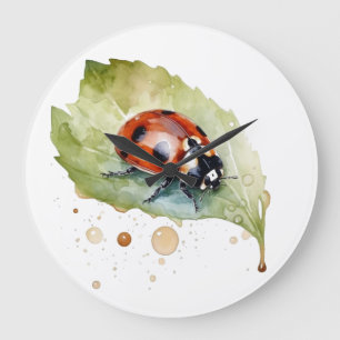 Ladybug zit op een blad in levendige waterkleur grote klok