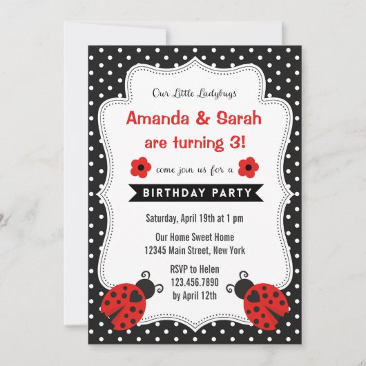 Ladybugs Birthday Invitation Red Black Kaart (Voorkant)