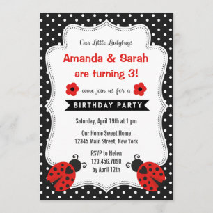 Ladybugs Birthday Invitation Red Black Kaart
