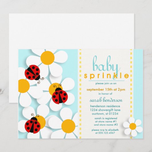 Ladybugs en Daisies Baby Sprinkle Invitations Kaart (Voorkant / Achterkant)