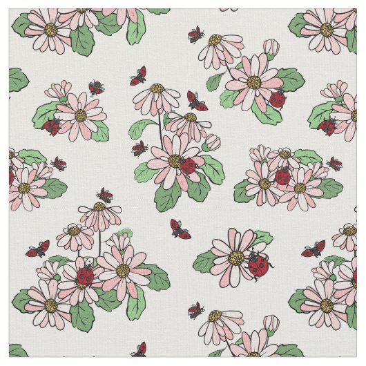 Ladybugs en roze Daisies Floral Pattern Stof (Close Up)