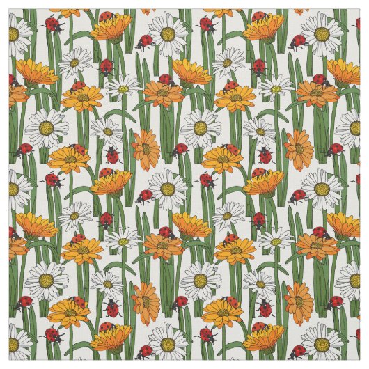 Ladybugs en Summer Meadow Flowers Natuur Pattern Stof (Swatch)