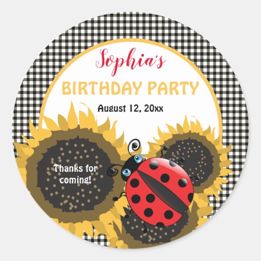 Ladybugs en Sunflower Birthday Party Dank u Ronde Sticker (Voorkant)