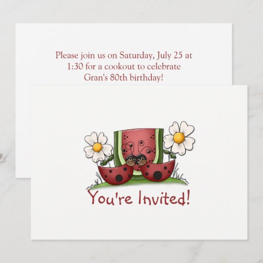 Ladybugs en Watermelon Birthday Party Invitation Kaart (Voorkant / Achterkant)