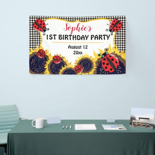 Ladybugs en zonnebloemen Eerste verjaardag Spandoek (Beurs)