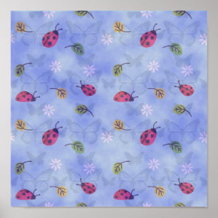 Ladybugs Flowers en Leaves Poster