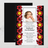 Ladybugs & Flowers Foto Birthday Invitation Kaart (Voorkant / Achterkant)