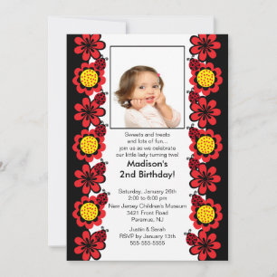 Ladybugs & Flowers Foto Birthday Invitation Kaart