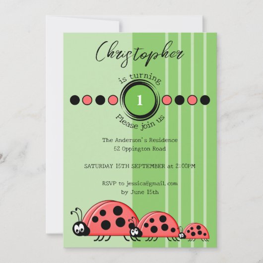 Ladybugs-naam wordt 1 rode groene 1e verjaardag kaart (Voorkant)