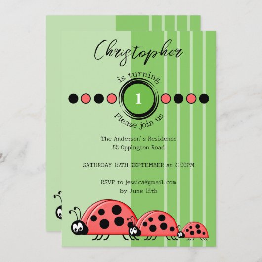 Ladybugs-naam wordt 1 rode groene 1e verjaardag kaart (Voorkant / Achterkant)