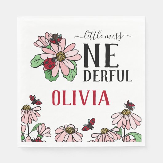 Ladybugs Pink Daisies Onedful Verjaardagsfeest Servet (Voorkant)