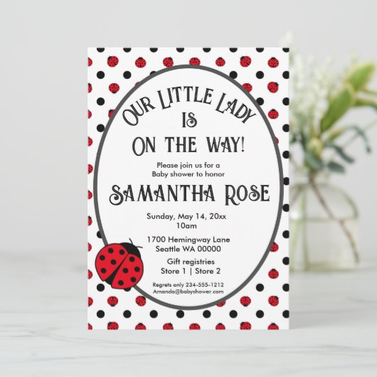 Ladybugs retro polka stipt baby shower-uitnodiging kaart (Staand voorkant)