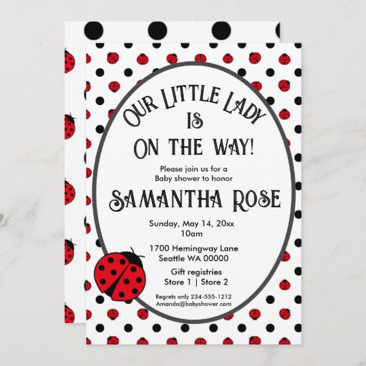 Ladybugs retro polka stipt baby shower-uitnodiging kaart (Voorkant / Achterkant)
