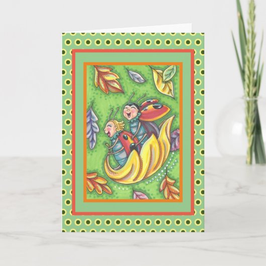 LADYBUGS RIDING ON FALLING AUTUMN LEAVES, FUN BUG BEDANKKAART (Voorkant)